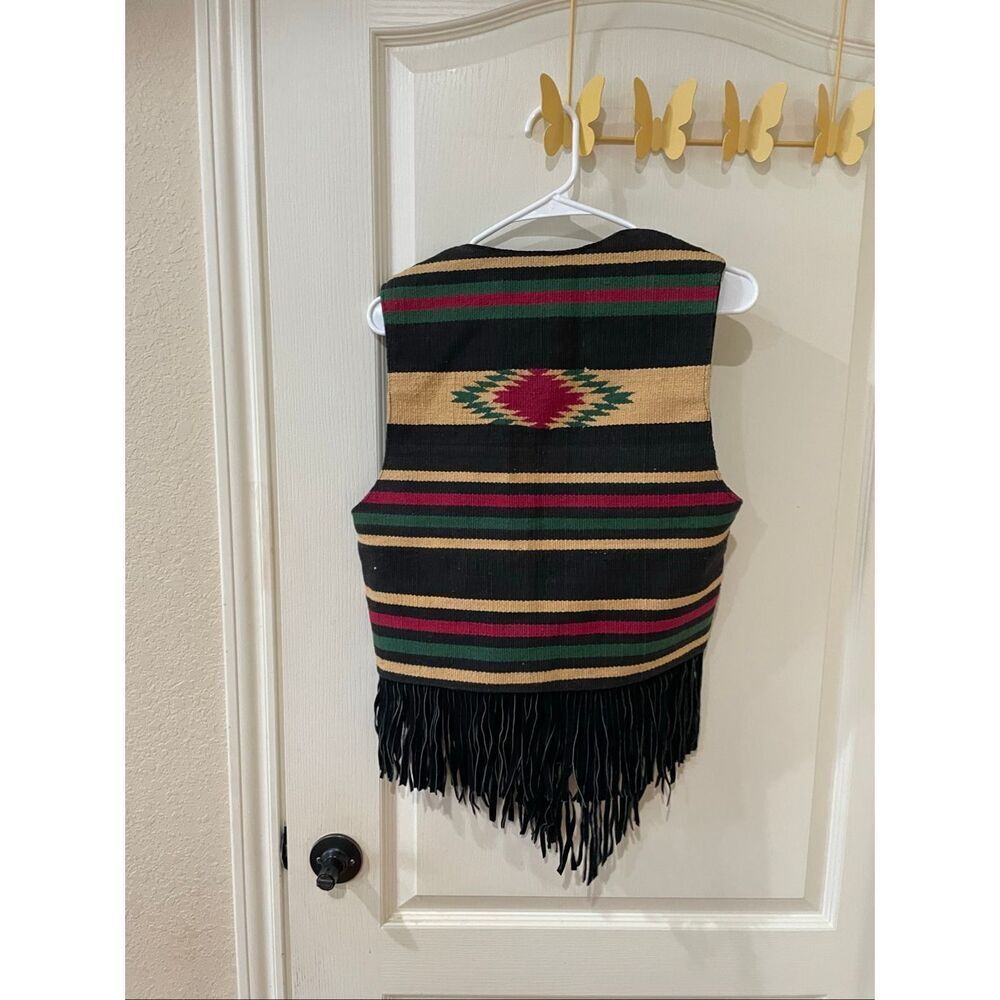 Vintage Southwestern Leather Fringe Knit Vest Aztec Geometric Boho Western Cowgi